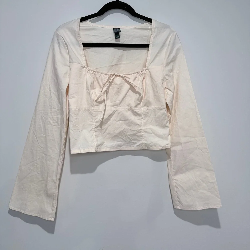 WILD FABLE Square‎ Neck Tie Front Long Sleeve Cropped Blouse Top Peach Size M